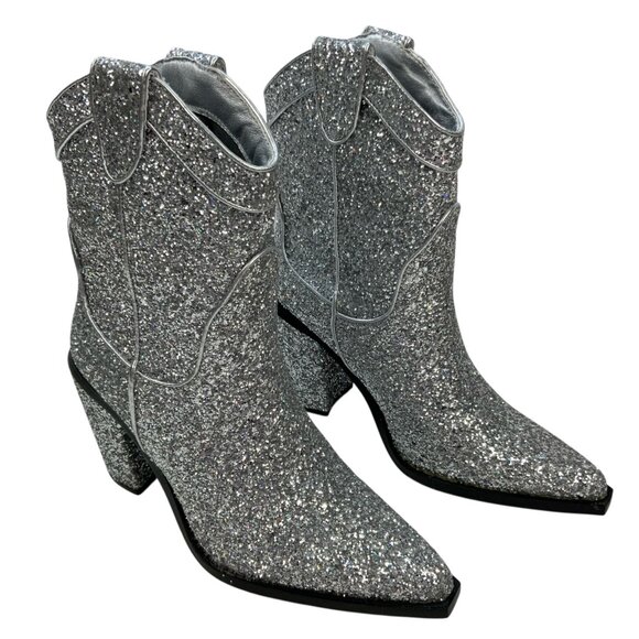 Dolls Kill Trickz N' Treatz Glitter Diva Deputy Cowboy Boots 9 Silver Cowgirl - Picture 2 of 15